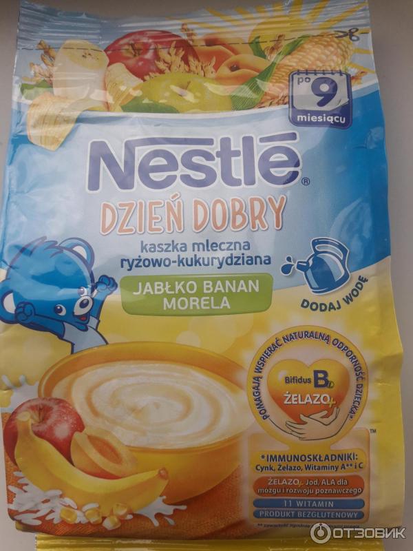 Каша молочная Nestle Рис, кукуруза с яблоком, бананом, абрикосом и бифидобактериями фото