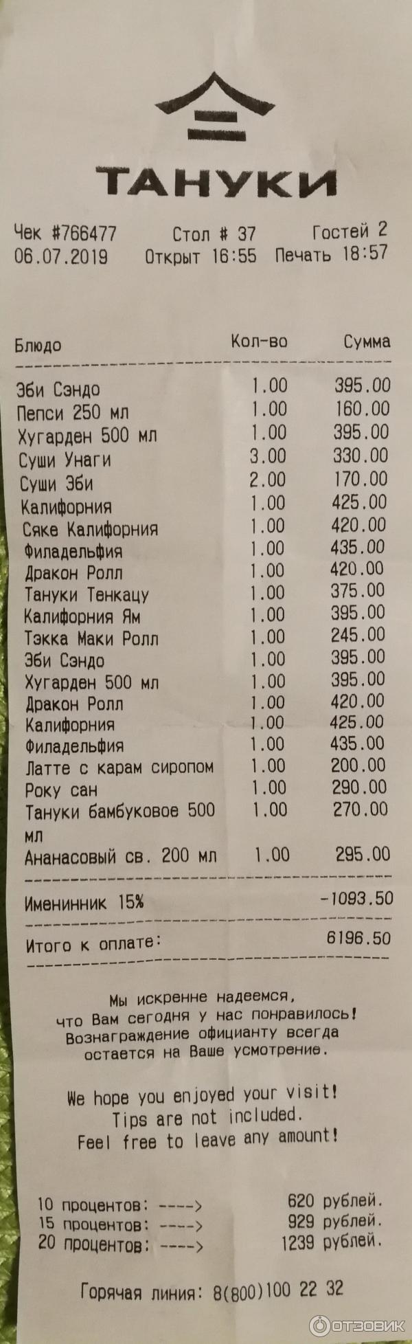 Тануки барная карта